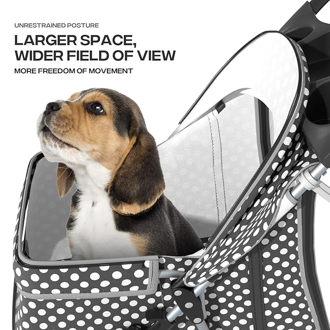 Pet Stroller for Small Dogs 10 lbs, Dog Stroller for Medium Dogs 30 lbs, Cat Strollers for 2 Cats, 3 Wheels Foldable Jogger Puppy Stroller with Storage Basket and Cup Holder, Black Polka Dots