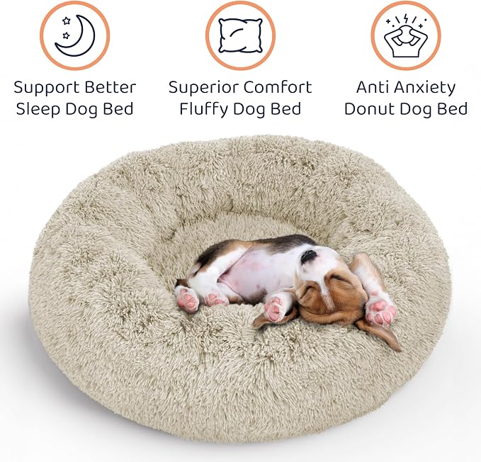 Donut Dog Bed - Premium Comfort for Anxiety Relief - Fluffy & Calming Design with Ultra-Plush Support | Cozy Round Dog Bed with Super Soft Circle Style (Cream, Medium)
