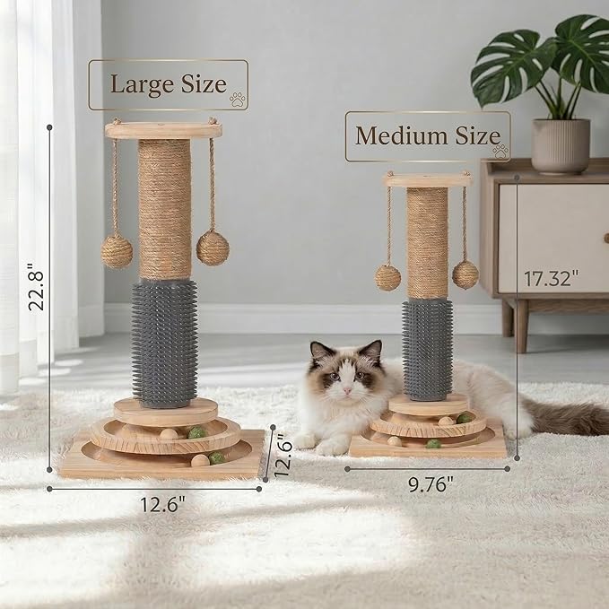 4-in-1 Solid Wood Cat Scratching Post with Self-Groomer, Natural Sisal Scratching Post with 2-Level Track Ball Toy, Interactive Cat Tree & Furniture Protector for Indoor Cats Large Size