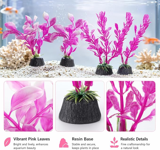 4PCS Pink Fish Tank Decor Set, Silk Plants for Betta Fish Tank, Aquarium Plants Decorations, 4PCS Set for Small Aquariums, Creating Resting Spots and Reducing Fish Stress