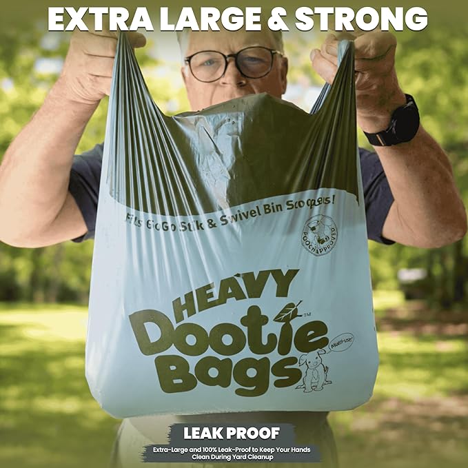 HEAVY Dootie Bags with EZ Tie Handles. Clean and Convenient for Pet Dog Poop, Cat Litter. Multi-Use. Great for Swivel Bin and Gogo Stik Scoopers. Made with Cornstarch. Strong, Leakproof and Very Large