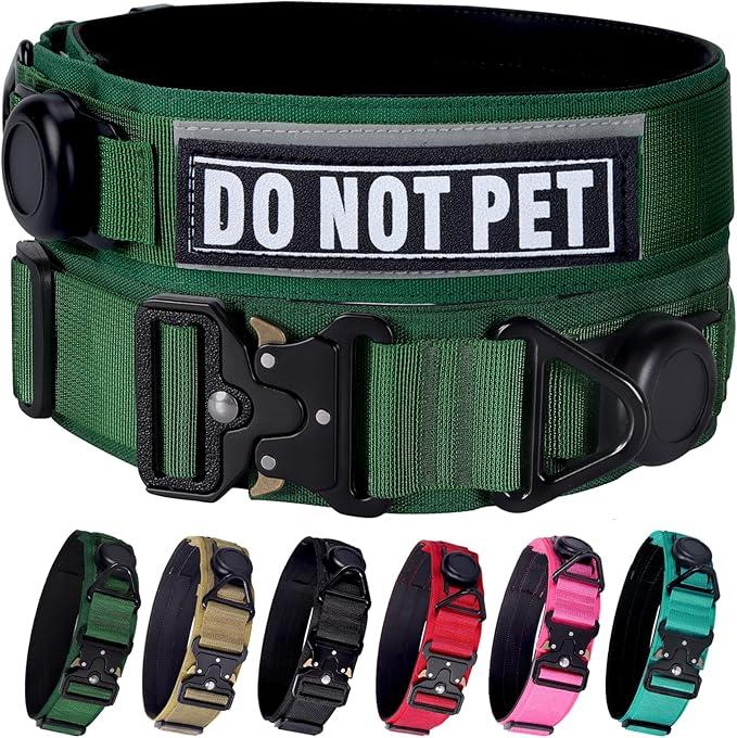 AirTag Dog Collar, 2" Wide Tactical Military Army Dog Collar with AirTag Holder & 3 Pet Patches, Soft Padded Reflective Waterproof Nylon Collar with Metal Buckle for Medium Dogs (Green, M)