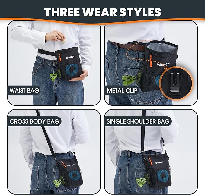 Dog Treat Pouch, 4 Cup Waterproof Dog Training Bag, Hands-Free 3 Ways to Wear, Magnetic Closure, Multi-Pocket, with 2 Rolls Poop Bags (Black)