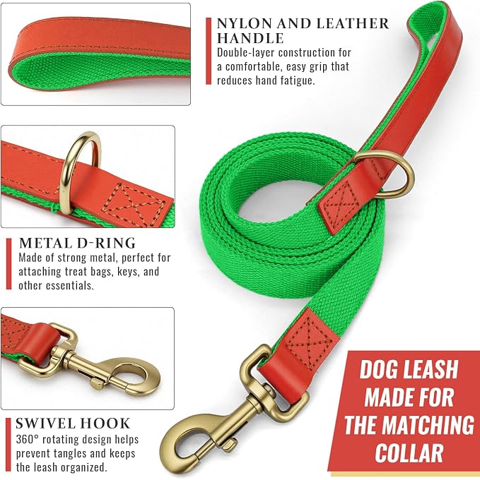 Dog Collar and Leash Set with Metal Quick Release Buckle, Adjustable, Breathable Nylon, Durable, Soft and Comfortable, No Pull for Walking and Training, Fluorescent Green, XL (16.9"-26")