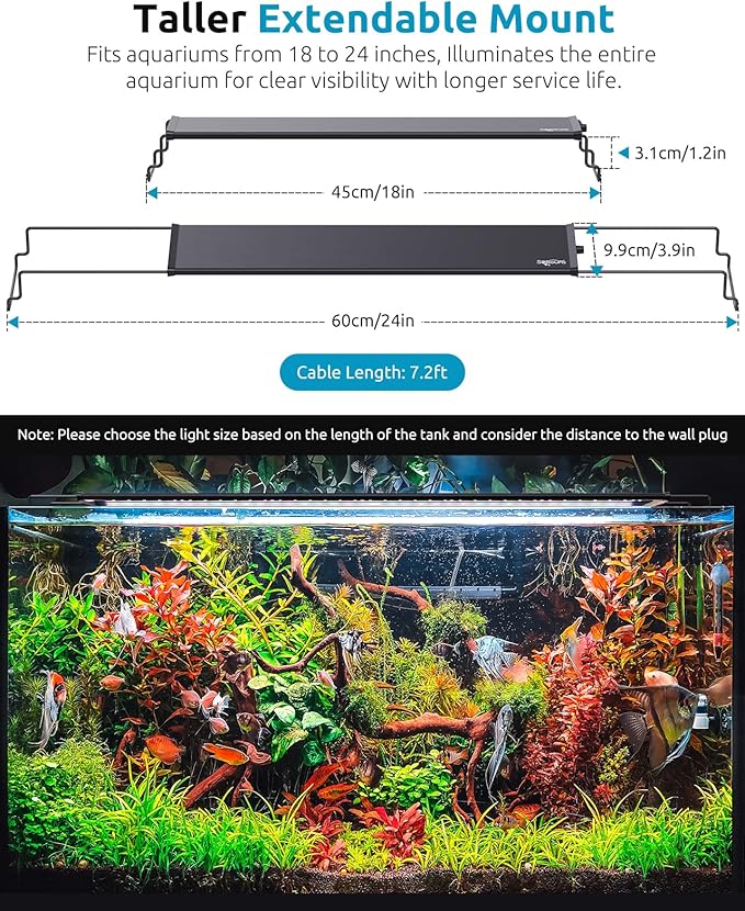 SEAOURA LED Aquarium Light, 24/7 Custom Timer, Power-Off Memory,7-Row LED 18-24in Full Spectrum Fish Tank Light, 8 Colors, 20 Brightness, Day&Night Cycle, Adjustable Mount for Freshwater Plant Growth