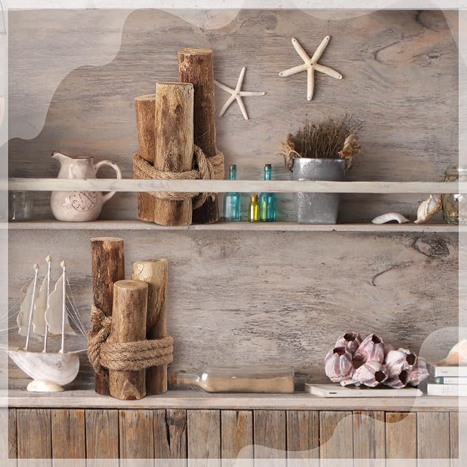 3 Pcs Driftwood Piling Rope Wrapped Coastal Nautical,Brown | Artificial Wood Pilings as Beach Centerpieces, Farmhouse Rustic Table Decor, Coastal Accents for Dining and Aquariums