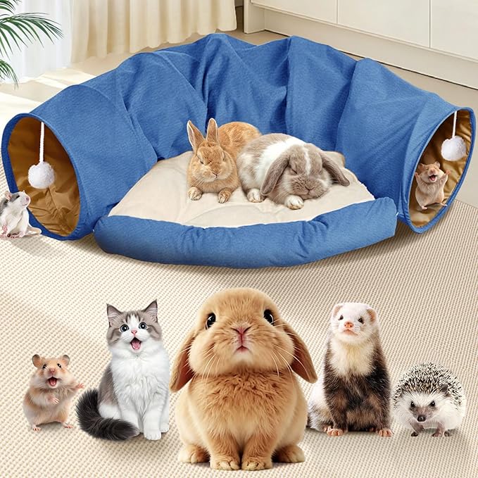 Spardar Bunny Tunnel Bed, 2-in-1 Collapsible Tunnel Tubes Toys, Washable, with Removable Mat Hideout, Interactive Toys for Rabbits Chinchilla Hedgehog Guinea Pigs Kitty, Blue