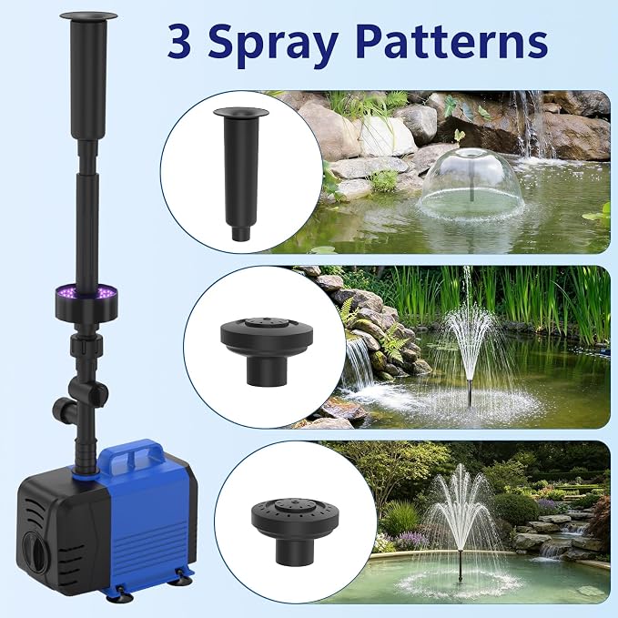 Pond Fountain Pump Kit, 600GPH Submersible Water Pump with Remote Control LED Lights, 3 Spray Patterns, Adjustable Flow, Quiet Operation, for Pond, Garden, Backyard Water Feature