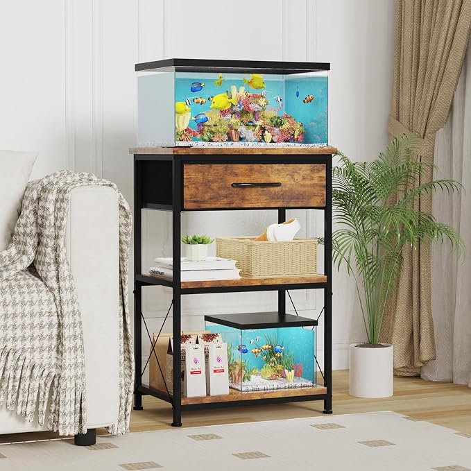 5-10 Gallon Fish Tank Stand with Adjustable Height and Drawer, Brown | Heavy duty metal frame holds up to 220 pounds with a lower shelf for a second aquarium, turtle tank or reptile terrarium