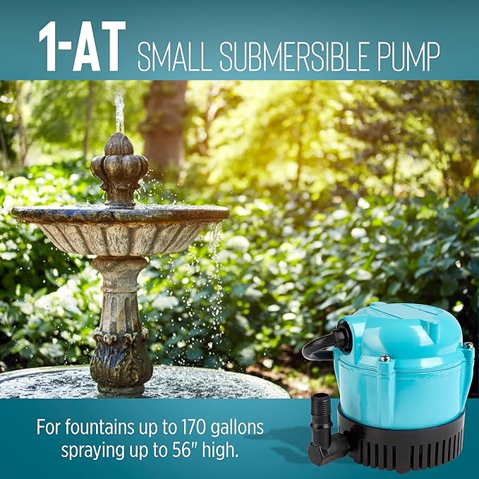 Little Giant 1-AT 115-Volt, 1/200 HP, 170 GPH Small Submersible Permanently Oiled Pump for Fountains, Water Displays and Air Conditioners, 10-Foot Cord, Blue, 500286