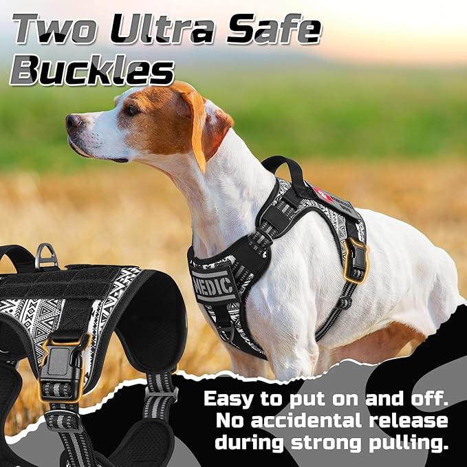 rabbitgoo Tactical Dog Harness for Large Dogs, No Pull Military Service Vest with Handle & Molle, Easy Control for Training Walking, Adjustable Reflective Straps, Black & White Geometric, S