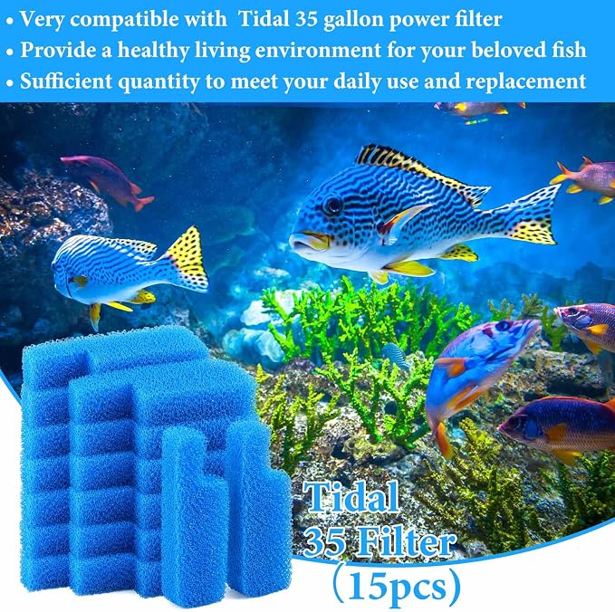 Threlaco 15 Pcs Aquarium Sponge Foam Filter Pads Compatible with Seachem Tidal Replacement Polishing Pad Fish Tank Filter Floss, Media for Crystal Clear Water(Compatible with Seachem Tidal 35,Blue)