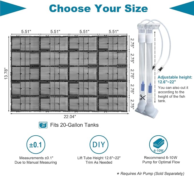 Undergravel Filter System for 20 Gallon Fish Tank, Air-Driven Biofiltration Aquarium Filter Kit with 20 Modular Plates & 2 Adjustable Lift Tubes, Cut-to-Fit Under Gravel for Clear Water
