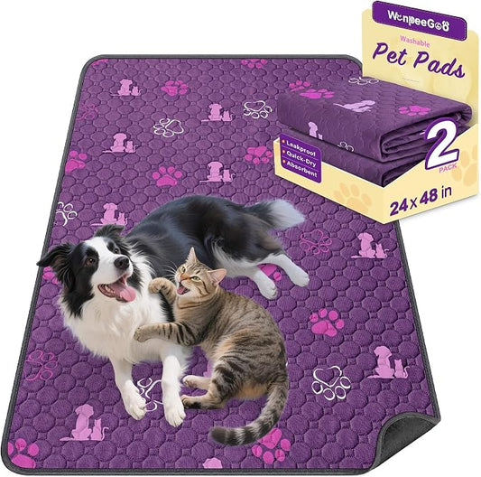 WanpeeGoo Washable Pee Pads, Puppy Pee Pad for Dogs, 2 Pack Absorbent Reusable Training Dog Pads Pet Puppy Pads, Non-Slip Potty Pads for Whelping, Playpen, Crate, Bed, Purple 24"x48"