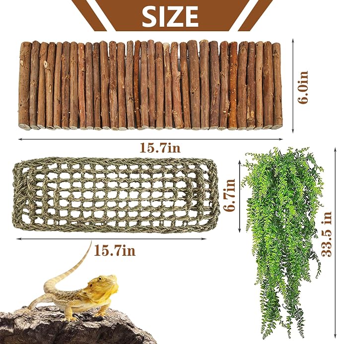 kathson Reptile Wooden Bridge,Bearded Dragon Hammock Decor Wood Reptile Hideout Hut Terrarium Hanging Plants Climbing Accessories Reptiles Hide Caves for Snake Gecko Lizard Tortoise (3 Pcs)