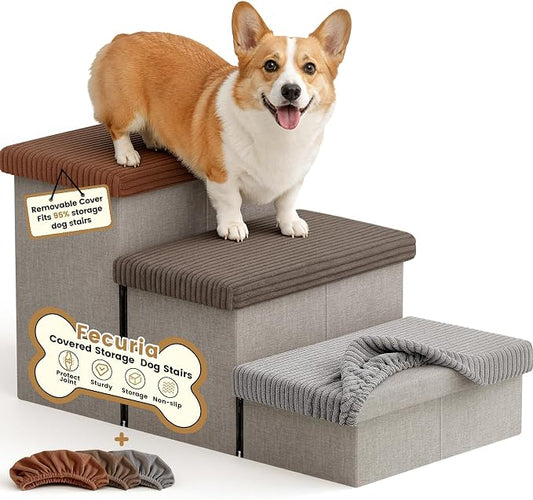3-Step Wide Dog Stairs 18" H with 3 Colors Covers, Non-Slip Storage Pet Steps for High Bed Couch, Pet Stairs for Small/Medium/Large Old Dogs Puppy Up to 200lbs, Cat Dog Steps for Car, Grey