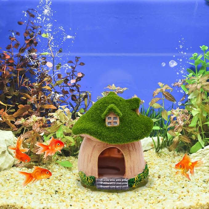 AnRui Green Moss Mushroom Aquarium Decor Cute Fish Tank Decorationss Resin Aquarium Decor Hideout Cave Ornament for Small Fish, Shrimp, Hermit Crab, Goldfish and Reptiles