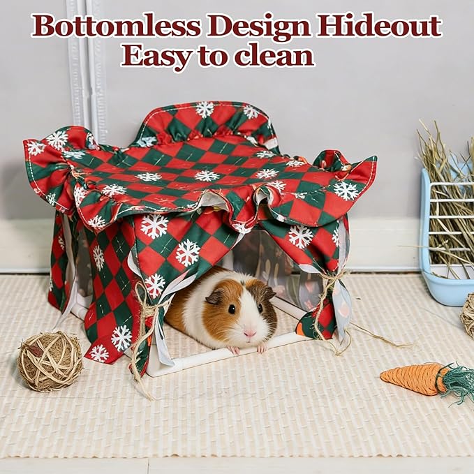 Guinea Pig Hideout Guinea Pig Tunnel Bed House Cave Detachable Guinea Pig Hiding Hut with Curtain for Chinchilla Ferret Hedgehog Hamster Cavy (Red and Green)
