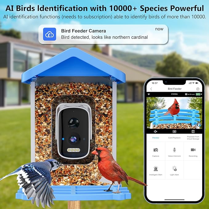 Smart Bird Feeder with Camera, AI Bird Species Identification Solar Powered Panel, 2.5k HD Video Bird House with Camera for Outside Garden, Ideal Gifts for Lover, Valentine's Day, Blue