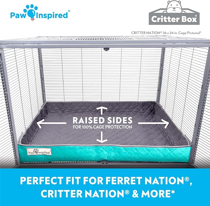 Paw Inspired Critter Box Washable Cage Liner, Reversible Fleece Bedding with Raised Sides for Guinea Pigs and Other Small Animals (Gray/Green, Critter Nation)