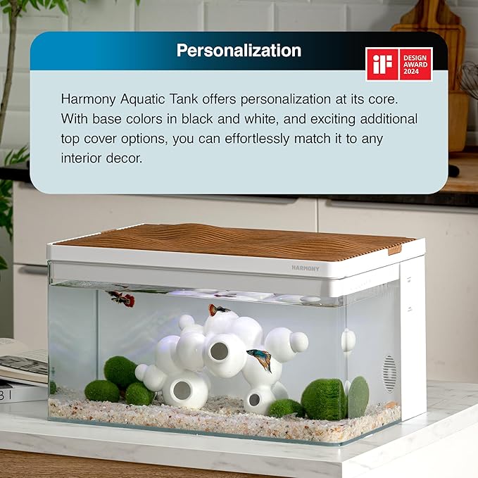 Harmony Deluxe 8 Gallon All-in-One Aquarium Kit, Award-Winning Fish Tank with Lid, Integrated Filtration, LED Light, Low-Iron Glass, White Tank with Cedar Grain Top