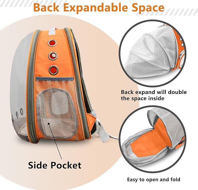 Pet Carrier Backpack Expandable for Cats and Small Dogs, Breathable Anti-Collapse Design, Airline Approved Travel Backpack for Hiking and Outdoor Use (Back Expandable-Orange)