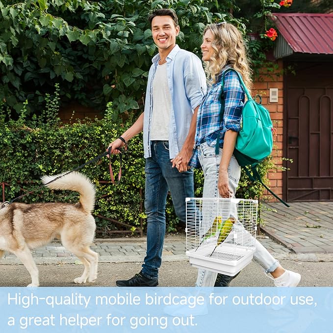Small Bird Cage - 12x12x14.6 in Lightweight Travel Outdoor Birdcage for Parakeets, Budgies & Canaries and More Small Birds, Bird Carrier with Handle, Stand, Removable Tray, Portable for Hanging, White