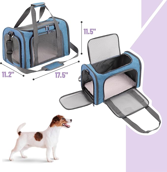 Mr. Pen- Pet Carrier, 17.5" x 11.2" x 11.5", Medium Size, Blue, Portable Travel Carrier for Small Pets, Cats & Small Dogs, Breathable Mesh, Safety Inner Leash, Side Pocket & Padded Shoulder Strap