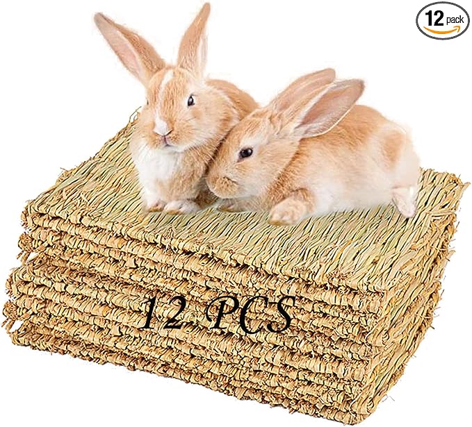 PINVNBY Hay Mats for Rabbits,12 Pack Natural Rabbit Grass Mat,Small Animal Woven Bed Resting Sleeping,Chewing,Nesting and Toys Cage Grass Matts for Bunny Guinea Pig Hamster Hedgehog Squirrel