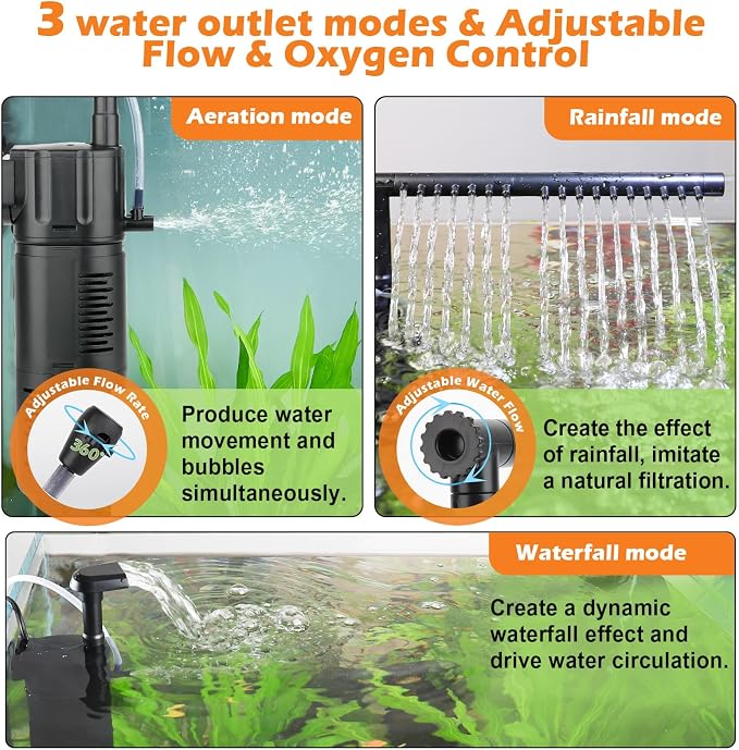 hygger Aquarium Internal Filter for 30-80 Gallon Tank, Flow Rate Adjustable 4 in 1 Submersible Fish Tank Filter with Aeration System,Filtration/Oxygenation/Waveker/Circulation
