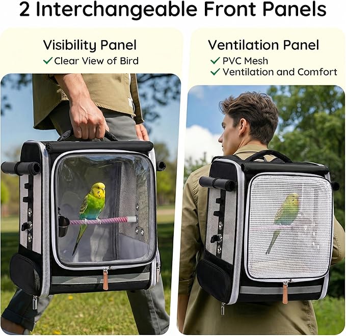 Mancro Bird Carrier Backpack for Small Birds, Cockatiel, Parrot, Bird Backpack with Tray and Standing Perch, Bird Travel Carrier Cage with Clear Window and Breathable Mesh Front for Vet Visits