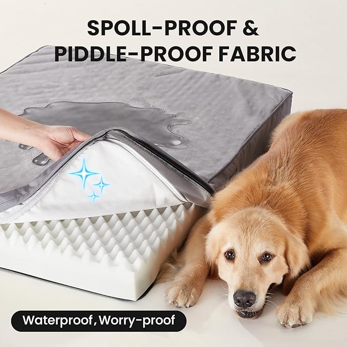 OhGeni Orthopedic Waterproof Dog Bed for Extra Large Dogs, Machine-Washable Removable Cover in Easy-Clean Fabric, High Density Foam & Easy-Carry Handle, Suitable for Crate, 41 inch (Gray)