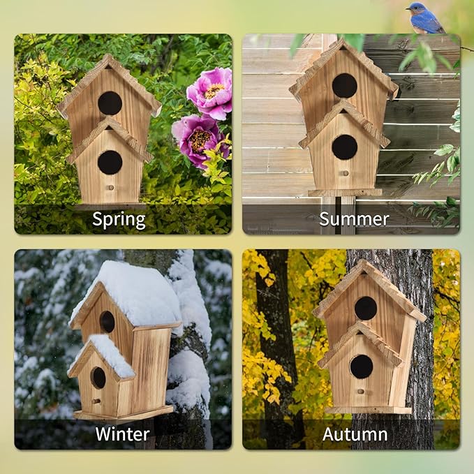 NATUREYLWL Bird Houses for Outside-2 Hole Wooden Outdoor Bird House,Wild Bird Box House,Nesting Box Birdhouse,Garden Bird Roosting
