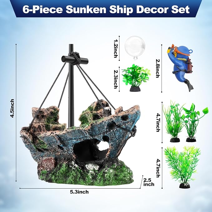 CousDUoBe 6 Pack Little Diver Floating Fish Tank Decoration，Mini Floating Submarine Aquarium Plants Sunken Ship Decoration — Safe Resin Fish Tank Decor for Betta, Shrimp (5.3 x 2.5 x 4.5 inches)