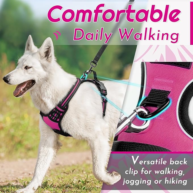 Eagloo Dog Harness Medium Sized Dog, No Pull Service Vest with Reflective Strips and Control Handle, Adjustable and Comfortable for Walking, No Choke Pet Harness with 2 Metal Rings, Rose Red, M