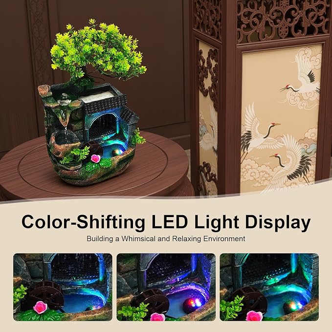 Indoor Fountain Rockery Tabletop Fountain Water Feature Meditation Desktop Fountains for Home Office Decor or Giving 7.87' x 5.9'' x 11.81'' with LED Light