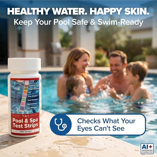 150 Pool Test Strips for Inground Pool // 7-in-1 Pool Water Test Strips | Full Pool Chemical Test Kit: Chlorine, pH Strips & 5 More // Pool Strips Ideal for Above Ground Pool, Hot Tub & Spa