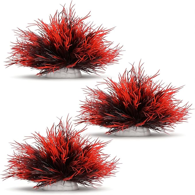 3 Pack Aquarium Plant Fish Tank Plant with Weighted Base Black Red | Plastic, Realistic, Small Aquarium Grass, Fish Tank Decorations