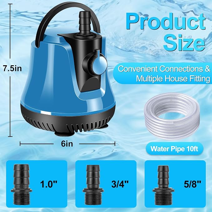 Submersible Water Pump,Adjustable Flow Sump Pump,Water Removal Pump | Electric Pool Cover Pump Above Ground,Portable Water Pump for Pool Draining with 10ft Drainage Hose,3 Adapters,950GPH