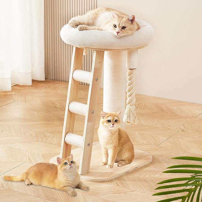 Modern Cat Tree Small Tower with Scratching Post for Indoor, Solid Wood Multifunctional Corner Cat Tree Tower with Bed