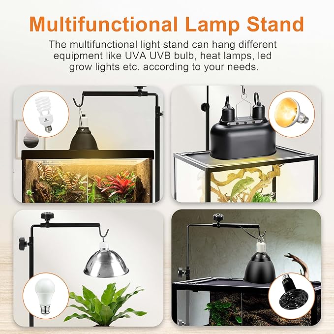 Simple Deluxe Reptile Lamp Stand, Adjustable 15"-36" Floor Light Holder Stand Metal Bracket for Reptile Glass Terrarium Heating Light, L: 36.6 x 14.6 inch, Black