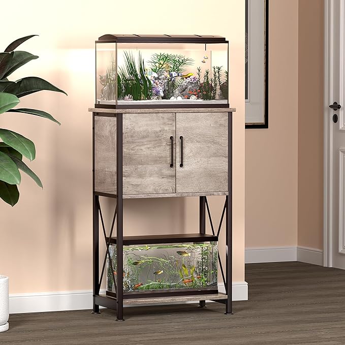 Herture 5-10 Gallon Fish Tank Stand, Metal Double Aquarium Stand with Cabinet for Fish Tank Accessories Storage, Heavy Duty 20.5" L* 11.02" W Tabletop, 500LBS Capacity Grey PG06YGZ