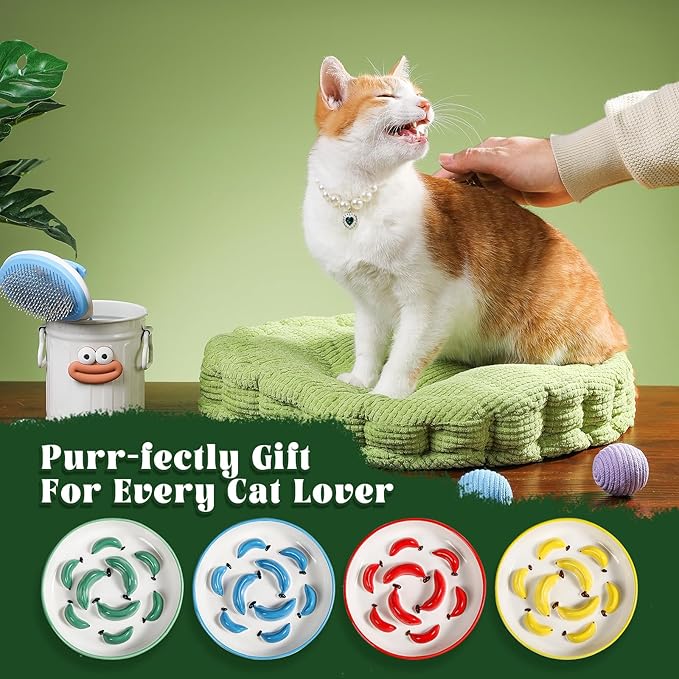 Ceramic Cat Slow Feeder Bowl - Vibrant Cat Feeding Bowl - Cute Maze Food Dish for Slow Eating - Dishwasher Safe - 6.3''W x 1.2''H - 7 OZ - Green