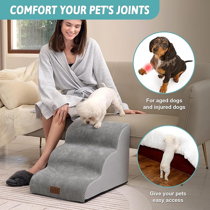 COZY KISS Dog Stairs for Small Dogs 15.7" H, Curved Dog Step for Puppy, Older Cat, Medium Pet Ramp for Sofa, Couch or Chair, Ladder with High Density Foam, 3 Step, 15.7x22.4x15.7 inch, Grey