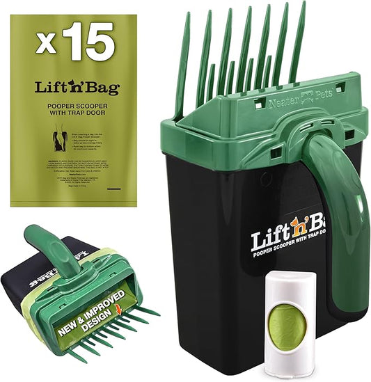 Neater Pet Brands Lift N’ Bag 2.0 Dog Pooper Scooper with Bag Attachment for Small to Large Dogs, New & Improved Design, 15 Refill Bags, Heavy Duty Dog Poop Scooper for Yard & Walks, One-Hand Use