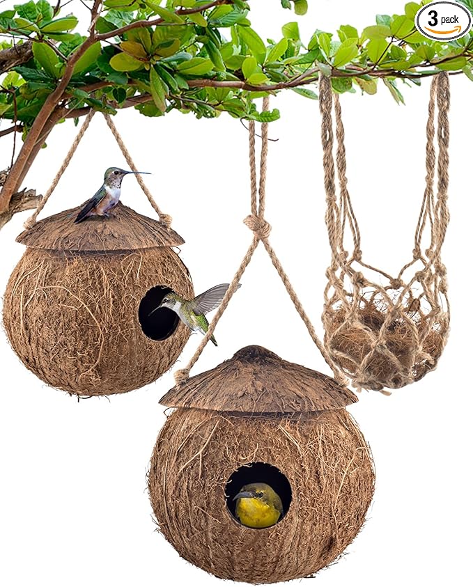 KATUMO Hummingbird Houses, Natural Coconut Bird Houses for Outside Hanging Hummingbird Swinging Nest, with Coconut Fiber Bedding for Nesting Window Garden Outdoor Home, 3Pcs