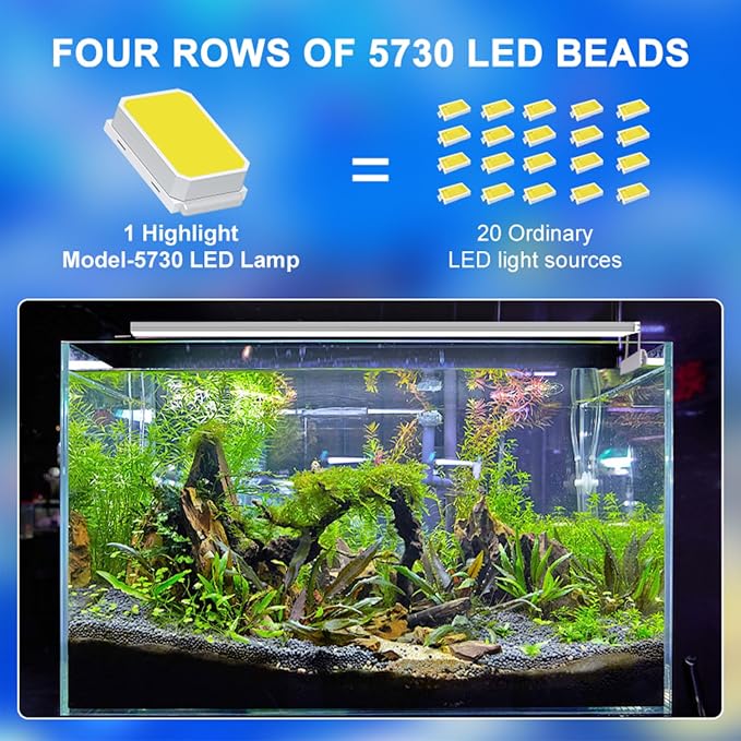 LED Aquarium Light, Full Spectrum Fish Tank Lighting, Ultra-Thin 1cm Design, 6-Row Blue & White LEDs, No Flicker, High Efficiency Cooling for 7.09-10.09in Fish Tanks (7.09inch)