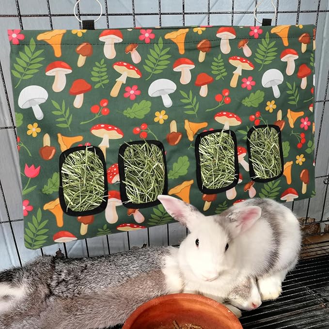 JarThenaAMCS Rabbit Hay Feeder Bag with 4 Holes Mushroom 18 x 12 Inch Guinea Pig Hanging Hay Feeding Bag Storage Dispenser for Chinchilla Hamster Bunny Small Animal Pet