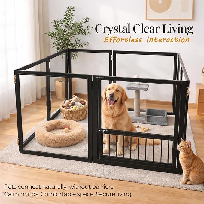 Acrylic Dog Playpen with Door, 27.5“ Height, Heavy Duty Clear Pet Pen, Dog Fence Crate Kennel Whelping Cage, Ideal for Small to Medium Dogs, Cats, and Other Small Pets (Black)