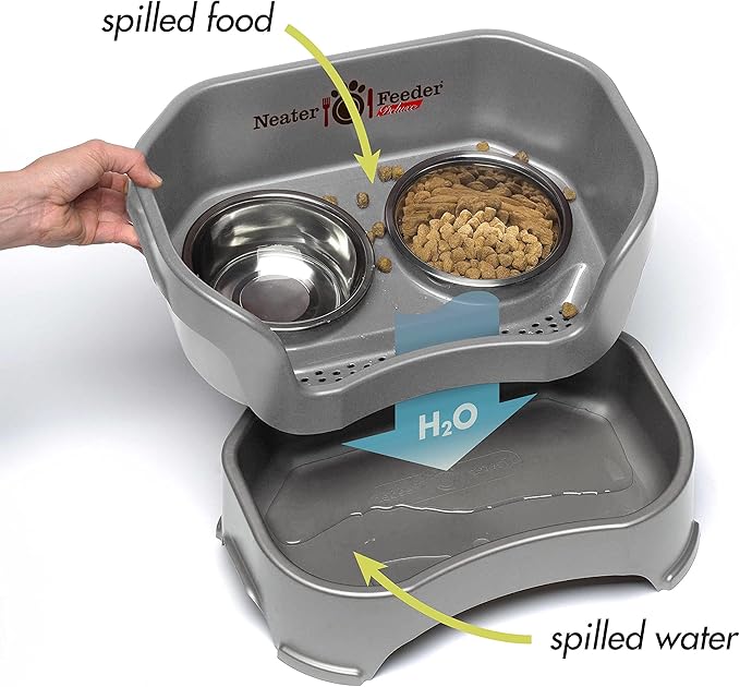 Neater Feeder Deluxe Mess-Proof Elevated Dog Bowls for Medium Dogs (19–40 lbs), 2 Height Adjustable (10” & 12.5”) No-Spill Raised Dog Bowl Stand w/Slow Feed Bowl for Food, Made in USA, Grey
